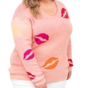 Bloomchic kiss prints v neck sweater, pink, women’s size 18-20